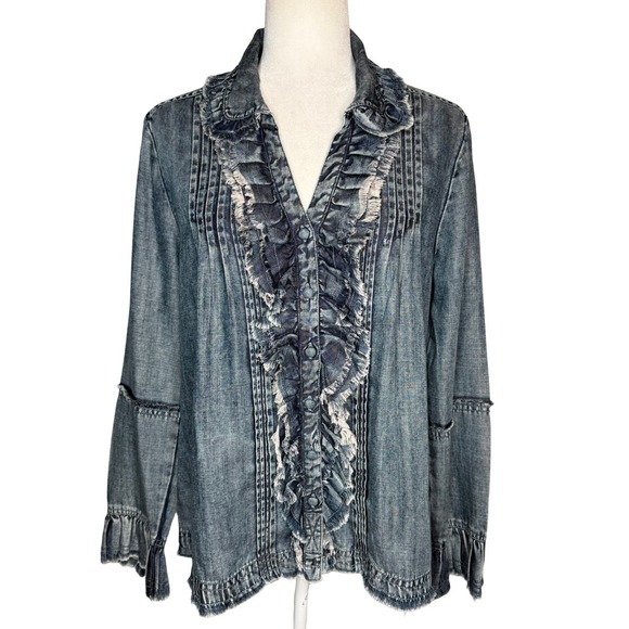 ivy jane Tops - Ivy Jane‎ Top Small Ruffle Long Sleeve Button Front Blouse Chambray Denim Boho